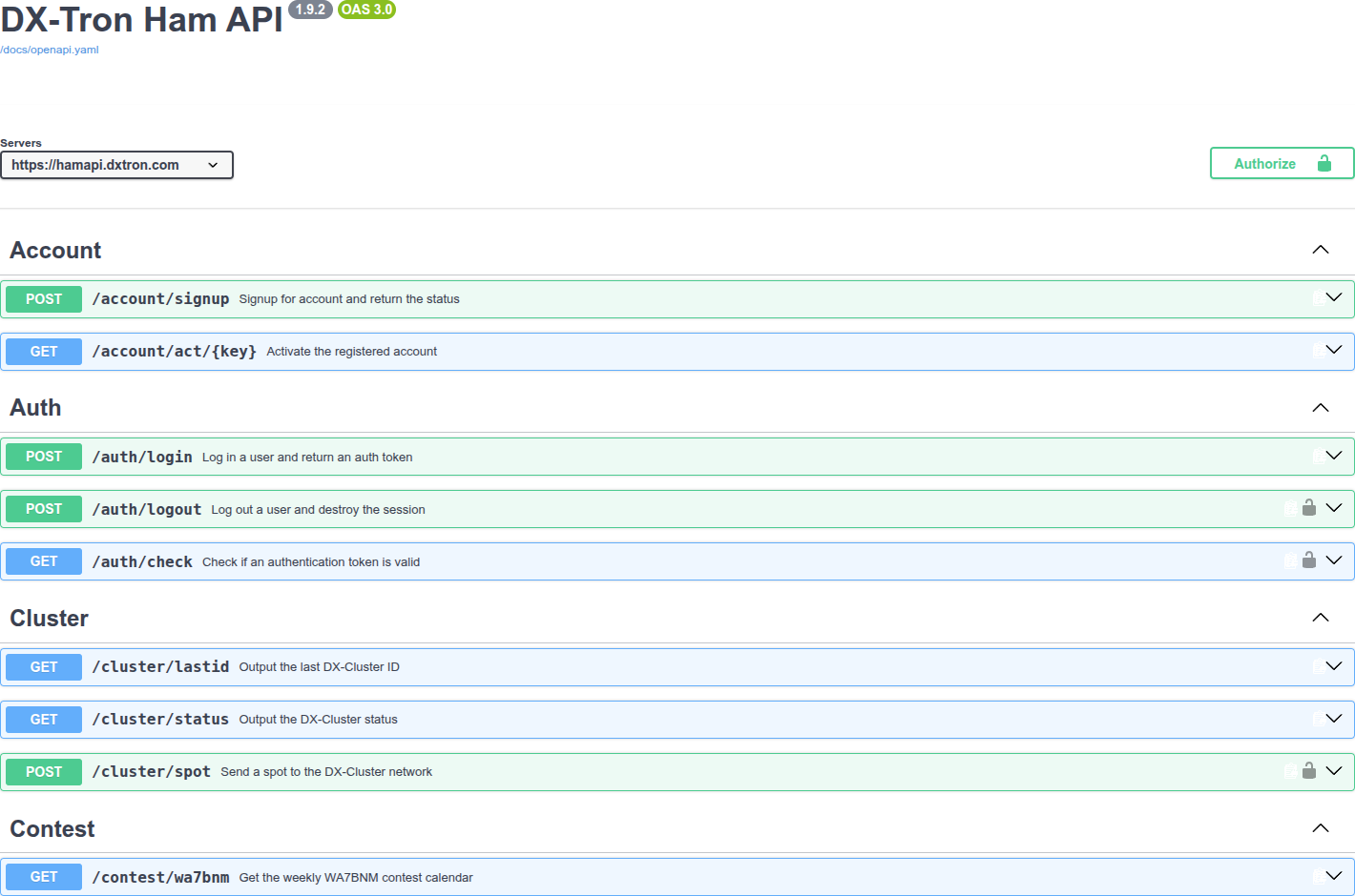 DX-Tron Ham API OpenAPI documentation preview